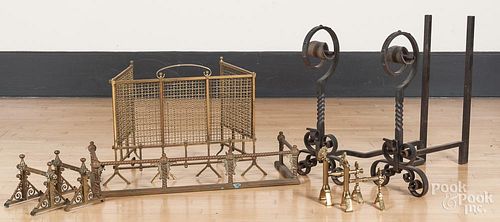Group of brass and wrought iron hearth accessories