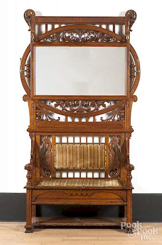 Victorian oak hall rack, with a mirrored back
