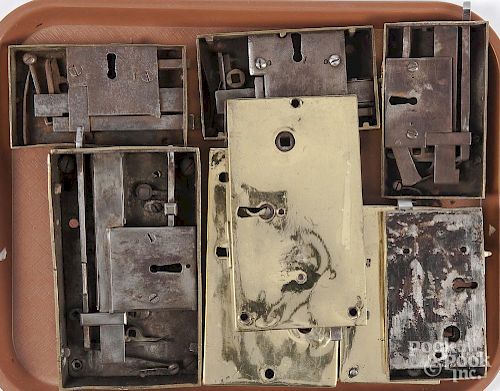 Eight brass box door locks, 19th c.