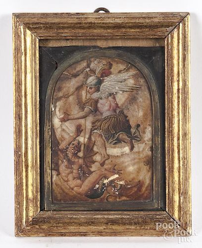 Italian oil on alabaster arched panel, 18th c.