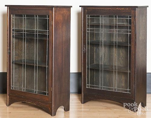 Two leaded glass oak Arts & Crafts bookcases
