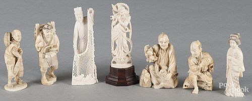Five Japanese Meiji period carved ivory Okimono