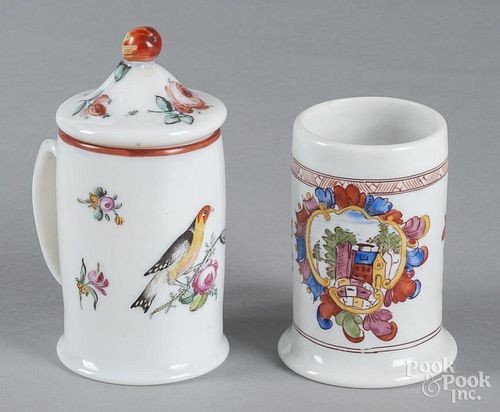 Two enamel decorated milk glass mugs, 19th c.