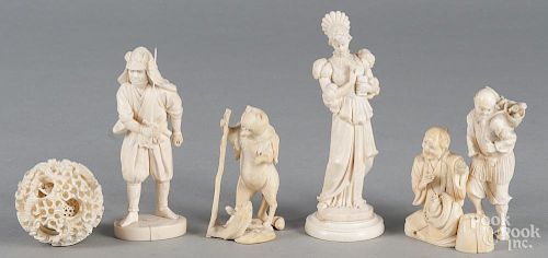 Four Japanese carved ivory Okimono
