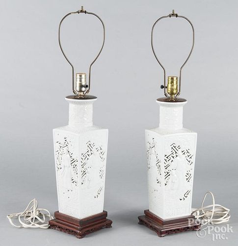 Pair of Chinese blanc de chin lamps, 14 1/2'' h.