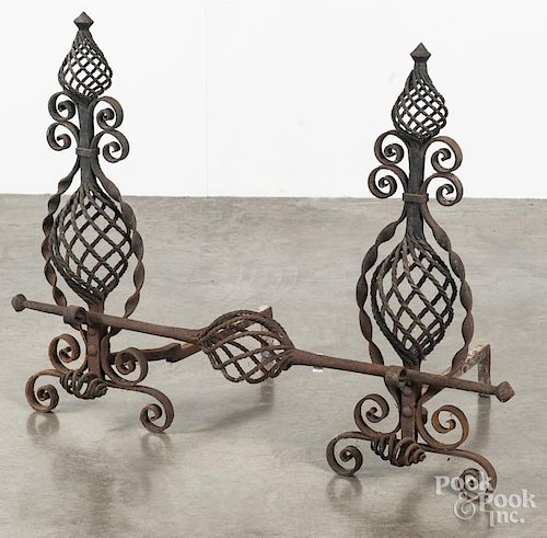 Pair of Arts and Crafts iron andirons, 29'' h.