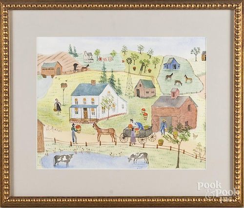 Folk art watercolor Amish farm scene