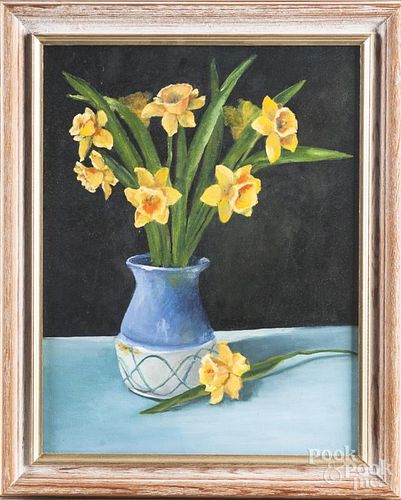 Oil on canvas still life with daffodils