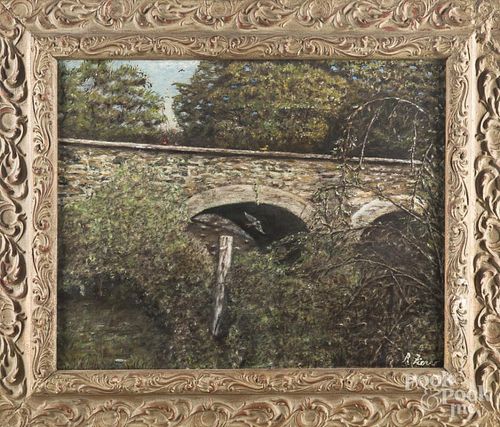 Oil on canvas landscape with bridge