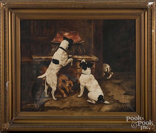 Oil on canvas of dogs playing