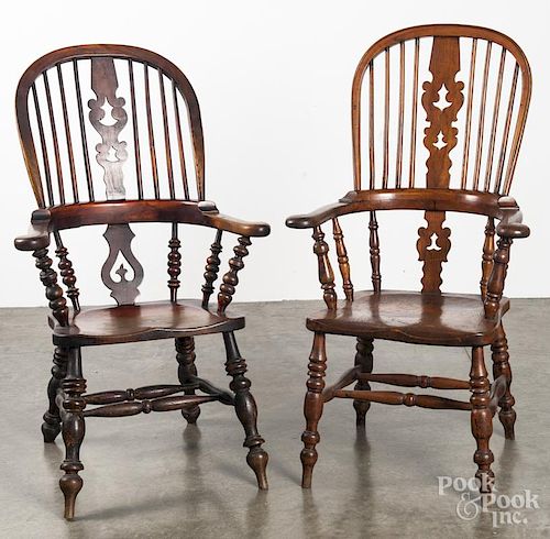 Two English yewwood armchairs, 19th c.