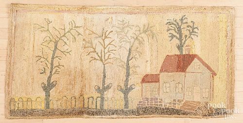 American hooked rug with house and fence