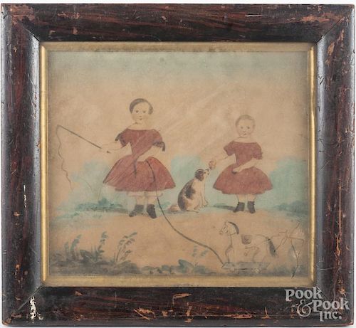 English watercolor folk portrait of two children,