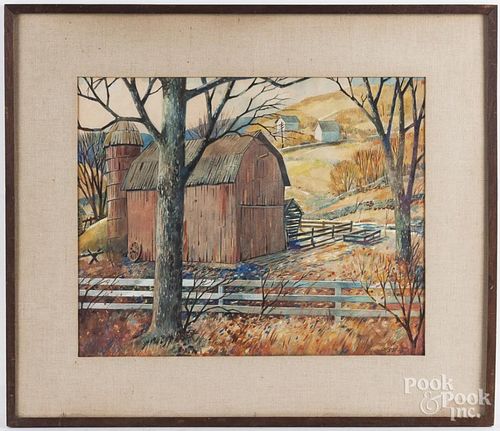 Watercolor landscape with a barn, mid 20th c.