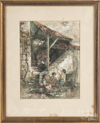 French watercolor of children playing, late 19th c
