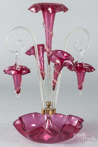 Victorian ruby glass epergne, 20'' h.