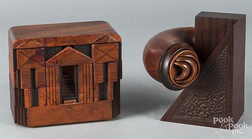 Two mixed woods sculptural boxes