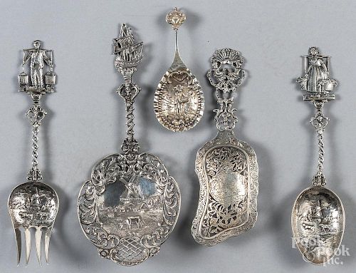 Five Dutch silver serving utensils, 11.4 ozt.