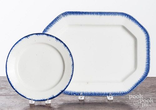 Blue feather edge platter and plate, 19th c.