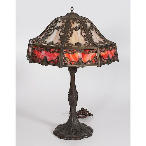 Slag Glass Table Lamp with Metalwork Shade