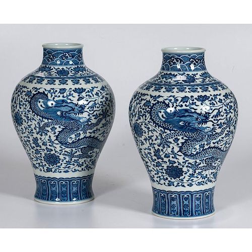 Chinese Meiping Blue and White Dragon Vases