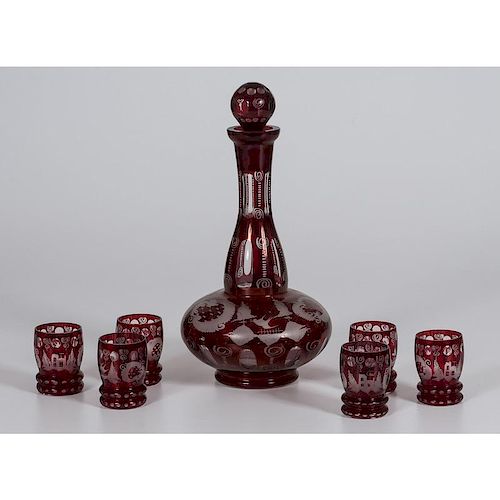 Bohemian Ruby Cut Glass Decanter and Tumblers