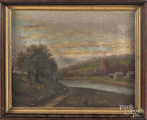 Oil on canvas landscape with apple pickers