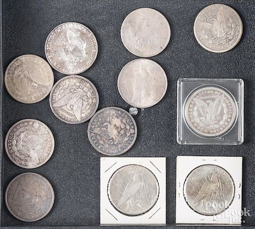 Seven Morgan silver dollars