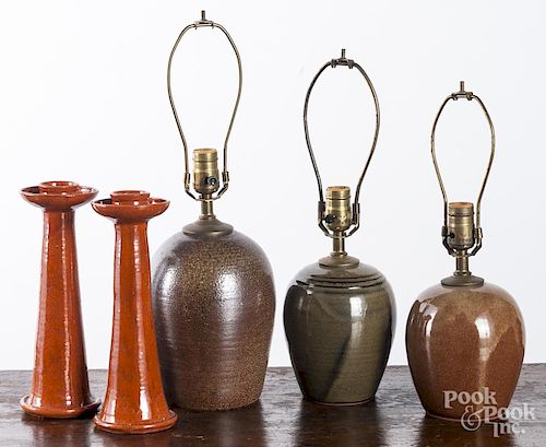 Three Jugtown pottery table lamps