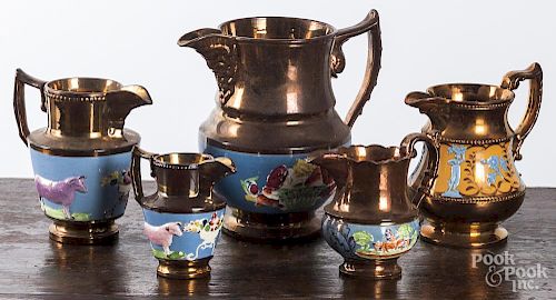 Five lustre pitchers, tallest - 8 1/2''.