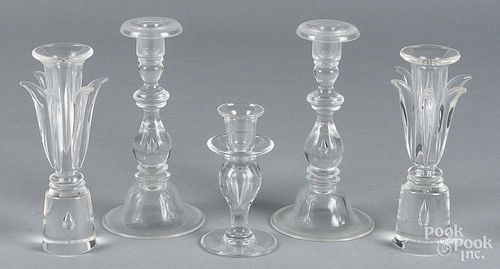 Two pairs of Steuben glass candlesticks