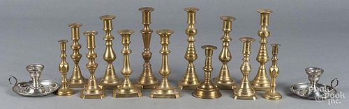 Five pairs of brass candlesticks, ca. 1900