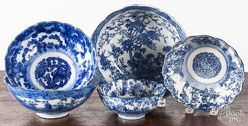 Five blue and white export porcelain bowls