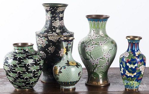 Five cloisonné vases, tallest - 14 1/2''.