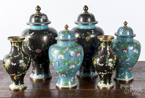 Three pairs of cloisonné vases, tallest - 14'' h.