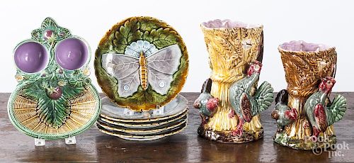 Eight pieces of Majolica, tallest - 8 3/4''.