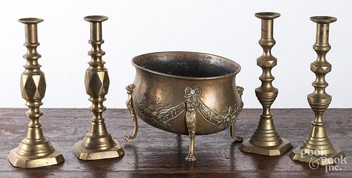 Two pairs of English brass candlesticks, ca. 1900
