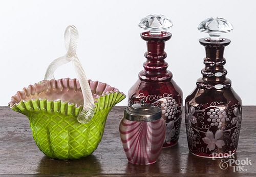 Pair of ruby flash glass decanters, 11'' h.