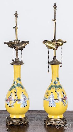 Pr of Chinese yellow ground porcelain table lamps