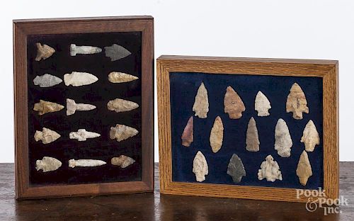 Two shadowboxes of Native American arrowheads, 10