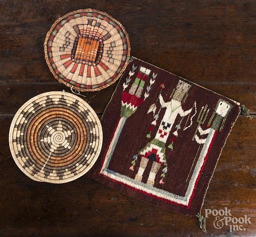 Small Yei weaving, together with two basketry tray