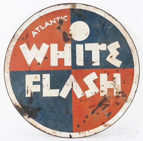 {Atlantic White Flash} painted sheet iron advertising sign, double sided, 30" dia.