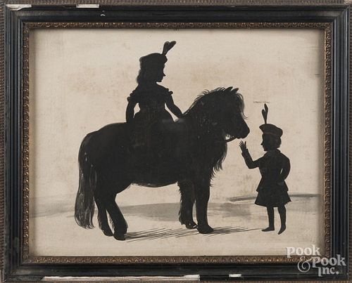 Watercolor silhouette of two children and a pony