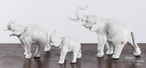 Three Royal Dux porcelain elephants