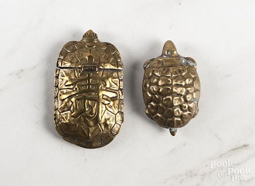 Two figural brass turtle match vesta safes