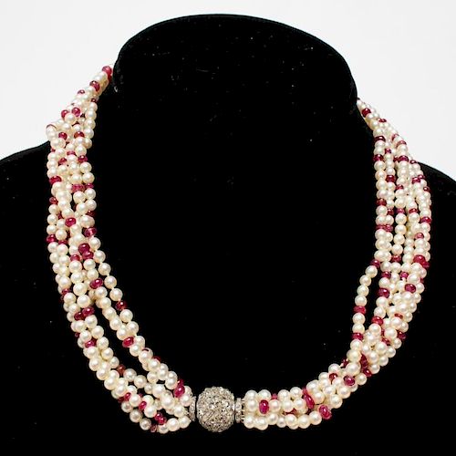 Pearl & Ruby Torsade Necklace with Diamond Clasp