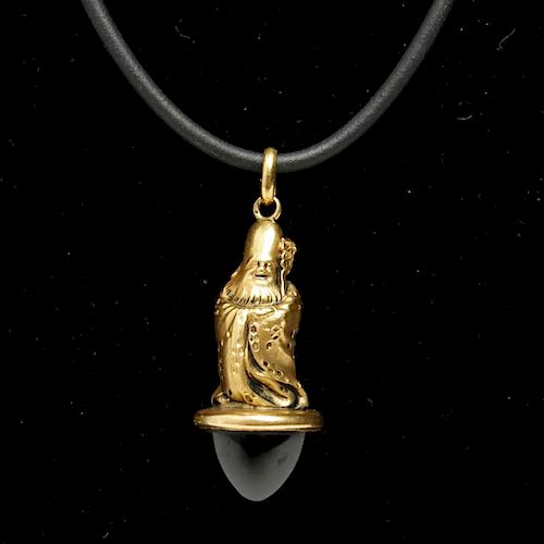 Chinese 18K Gold & Onyx Shou Lao Pendant or Charm