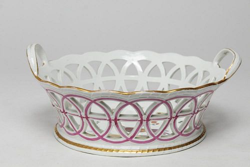 Antique Continental Porcelain Basket, w. Pheasant