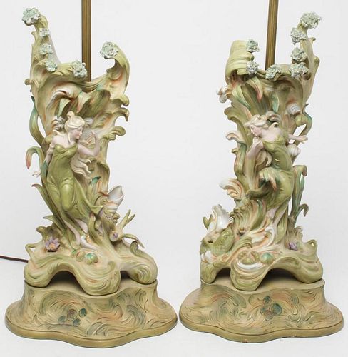 Royal Dux-Manner Art Nouveau Porcelain Vase Lamps