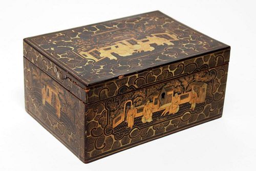 Chinese Lacquered Trinket Box, Black & Gold